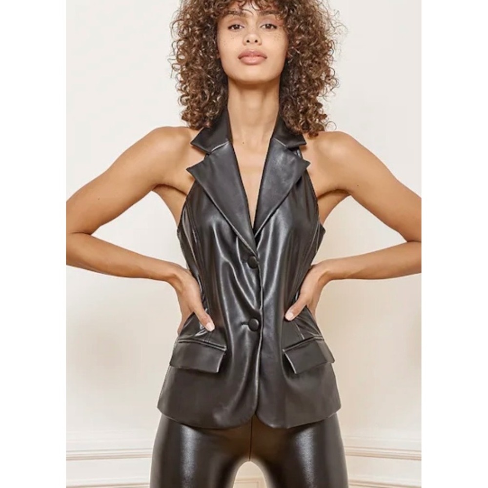 Lulu's What a Ride Vegan Leather Halter Vest Blazer Black Womens Small